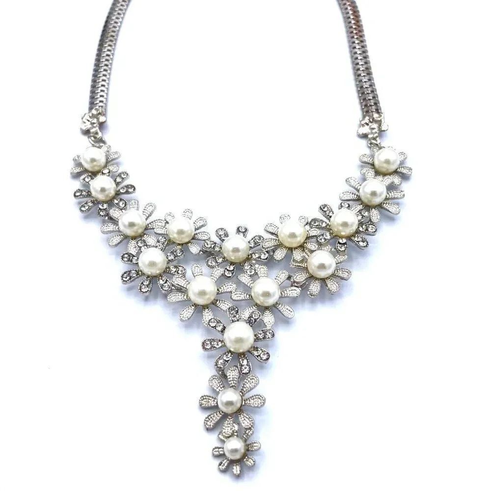 Silver with Diamond Crystal and Pearl Flower Drop Bib Adjustable Necklace